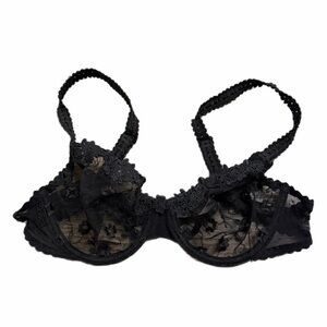 90s French Vintage Passionata Embroidered Lace Unlined Bra (Black) Size 36B/34C